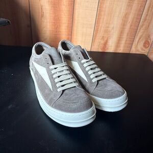 Rick Owens Taupe Suede Low-Top Sneakers with White Accents